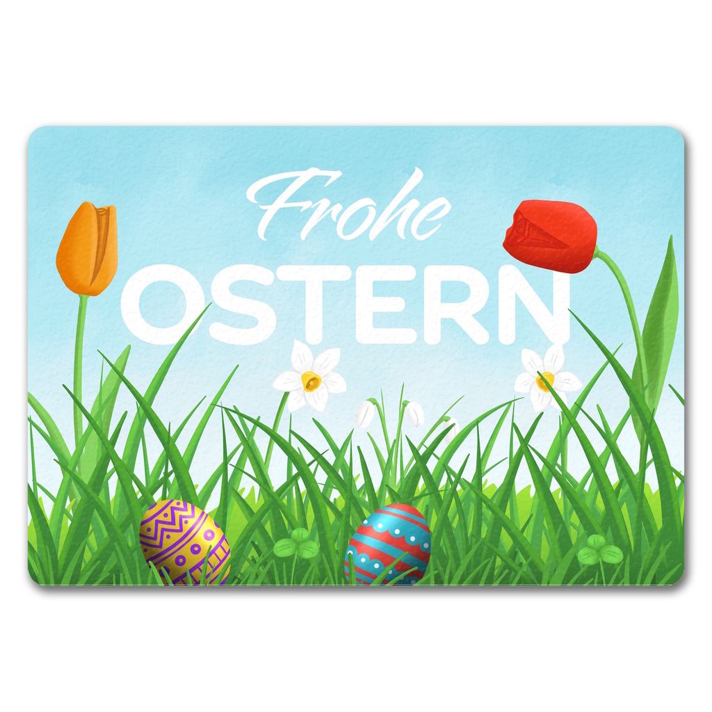 Frohe Ostern Fußmatte in 35x50 cm ohne Rand mit grüner Blumenwiese und bunten