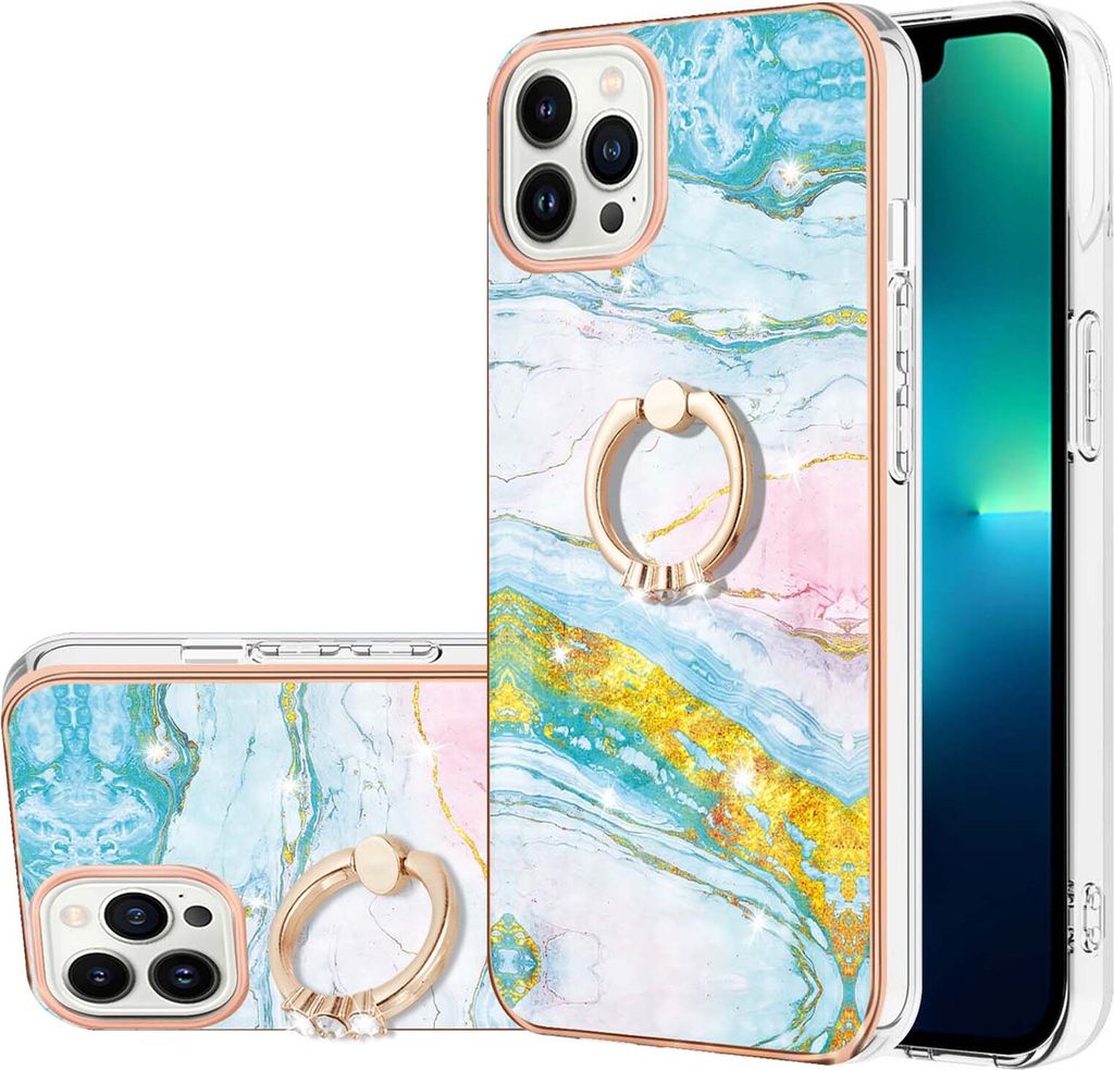 iPhone 13 Pro Marmor Handyhülle mit 360 Grad Ring Ständer Ultra Dünn Soft TPU Bumper Anti-kratzt Schutzhülle für iPhone 13 Pro Gold
