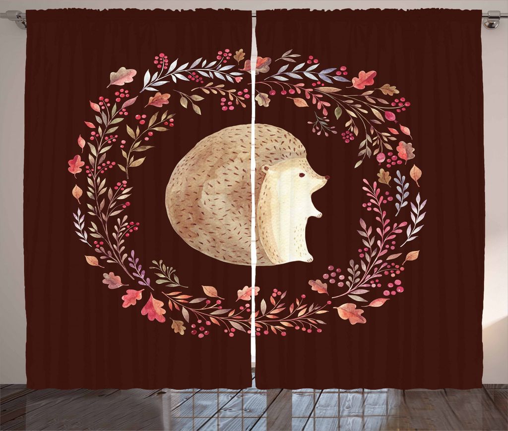 ABAKUHAUS Igel Rustikaler Gardine, Blatt und Berry Wreath, Schlafzimmer Kräuselband Vorhang mit Schlaufen und Haken, 280 x 225 cm, Zinnoberrot Gra...