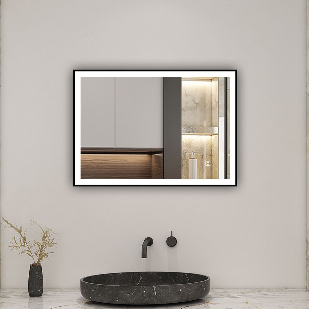 Schwarzer Rahmen Badspiegel mit 70X50cm Warm/Neutral/Kaltweiß dimmbar Memory Touch/Wandschalter Beschlagfrei Wandspiegel Spiegel mit Explosionsges...