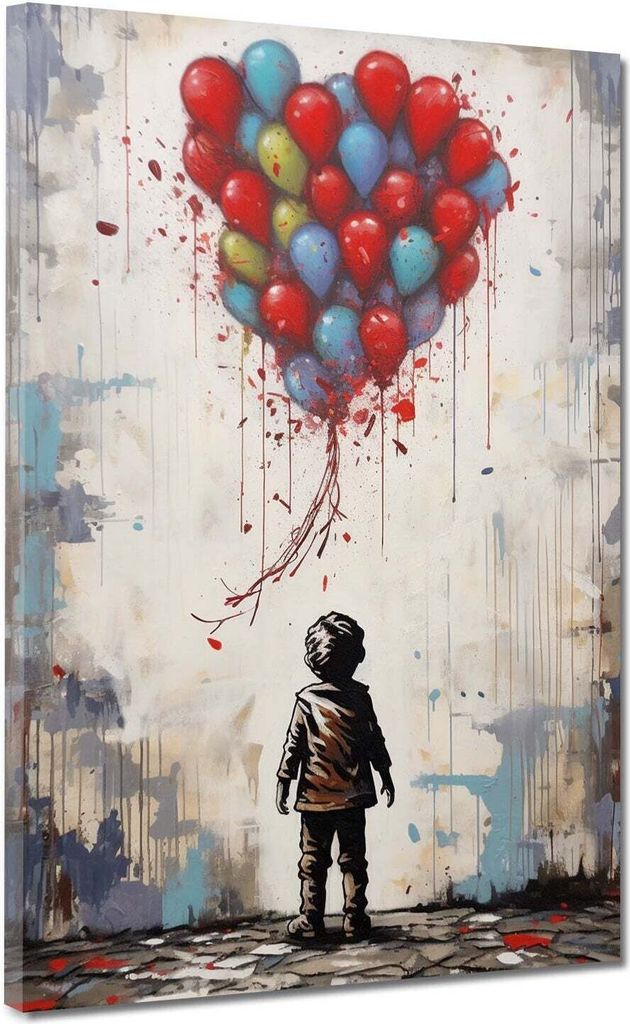 Leinwandbild Wandbild Kunstdruck XXL Wanddeko kleiner Junge mit Luftballons: 75x100x4cm