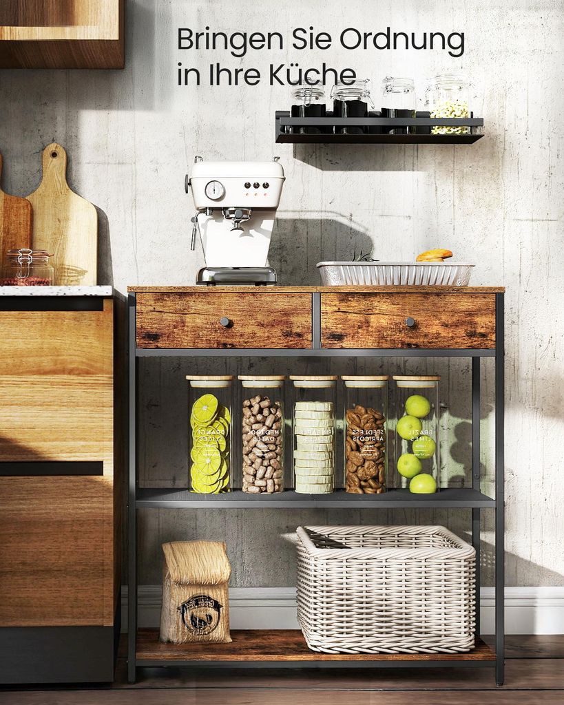A kitchen scene featuring a narrow console table with storage, displaying various kitchen items.