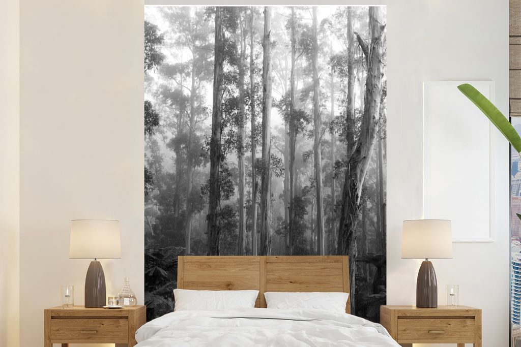 MuchoWow Fototapete für Wohnzimmer oder Schlafzimmer Wandtapete Vinyl Motivtapete Australien - Wald - Schwarz - Weiß - 225x350 cm - Schlafzimme...