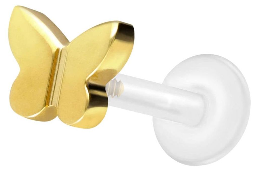 Ohrpiercing, Nasenpiercing PTFE Labret mit Innengewinde + Titan-Aufsatz SCHMETTERLING Gold Stablänge: 8mm | Stabstärke: 1,2mm