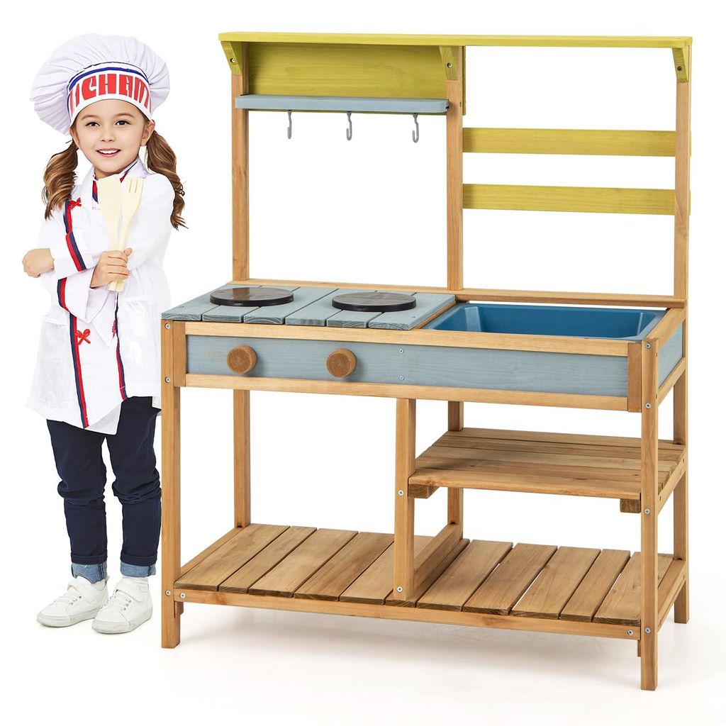 GOPLUS Matschküche Kinder Outdoor, Spielküche aus Holz mit Abnehmbarer Spüle & 3 Haken zum Aufhängen, Kinderküche mit Stauraum für den Garten...