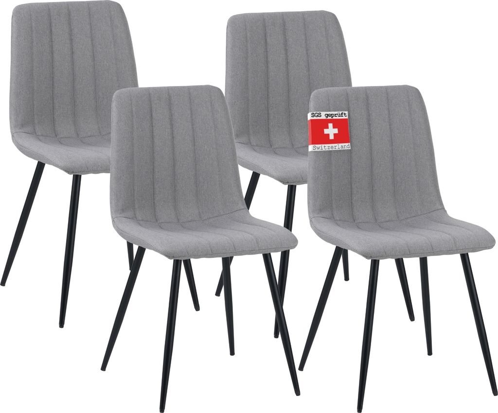 Four gray upholstered dining chairs with black metal legs arranged in a set on a white background.