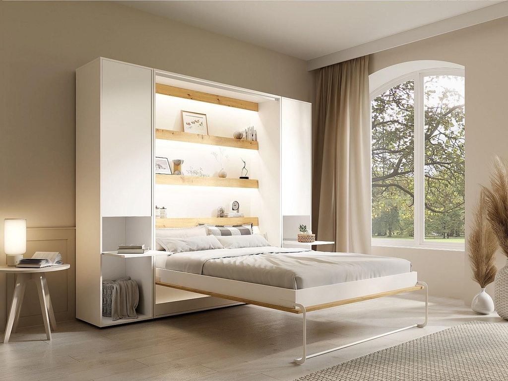 Vertikaler Schrankbett 160 x 200 cm – 2 Aufbewahrungssäulen – Mit LED-Beleuchtung – Weiß und Natur + Matratze – RAPILI