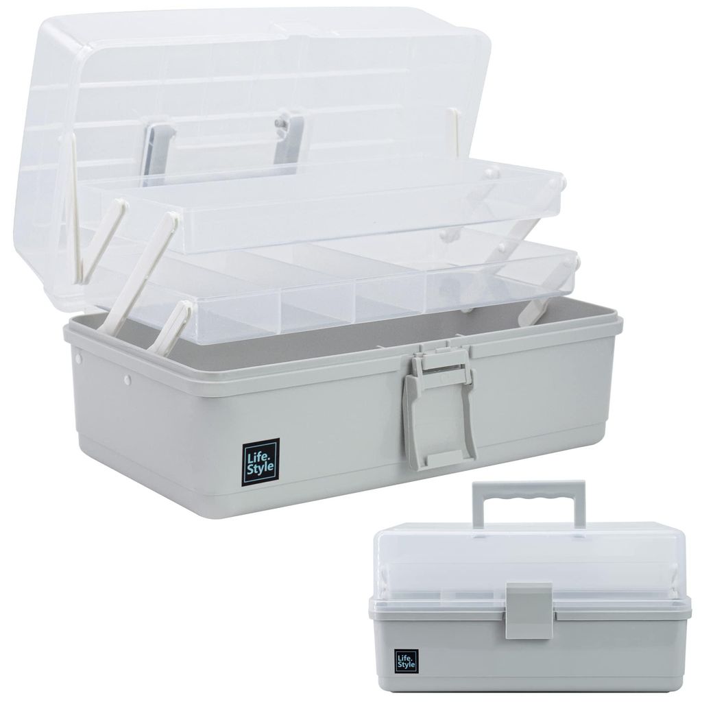 33 cm große multifunktionale Aufbewahrungsbox mit 3 Ablagen, verwendbar als Sortierbox, Organizer, Bastelbox, Nähkasten, Erste-Hilfe-Set, Werkzeu...