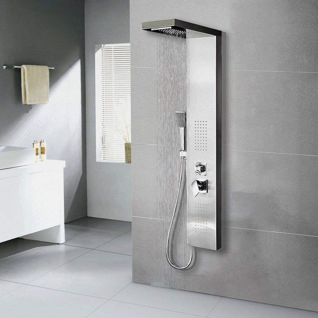 Duschpaneel aus Edelstahl für den Eckeinbau 4 Funktionen mit Handbrause, Regenbrause, 2 Massageduschen, Wasserfallbrause, Geeignet für Eckmontage