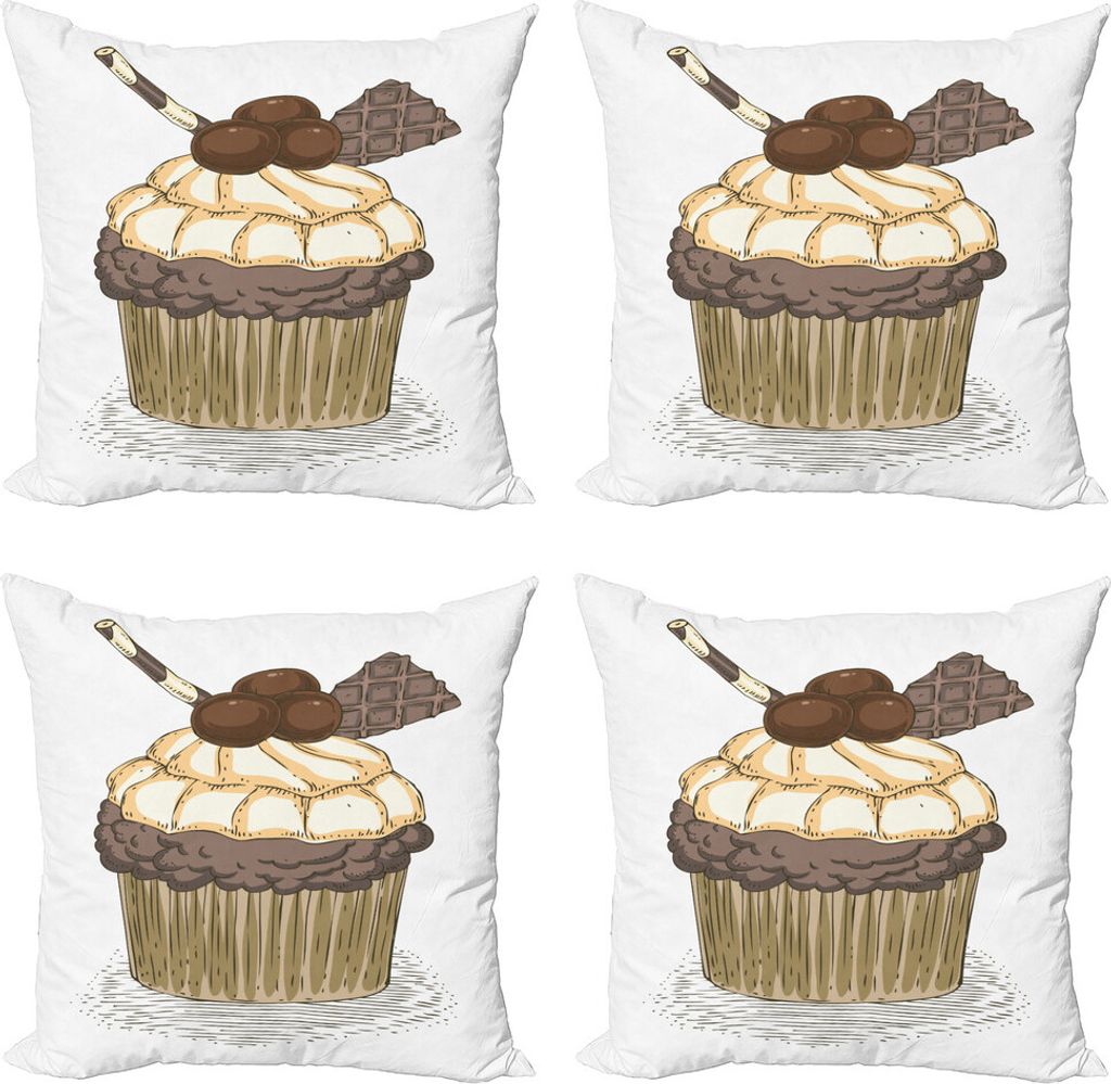 ABAKUHAUS Cupcake Kissenbezug Set (4 Stück), Hand Drawn Schokoladenkuchen, Moderner Doppelseitiger Digitaldruck, 40 cm x 40 cm, Warm Taupe Pale Brown