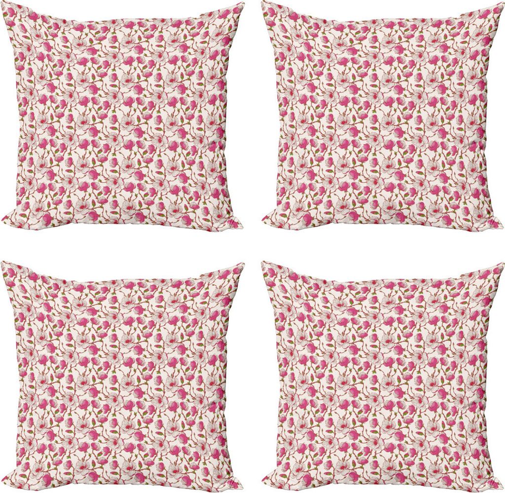 ABAKUHAUS Blume Kissenbezug Set (4 Stück), Pink Magnolia Garden, Moderner Doppelseitiger Digitaldruck, 60 cm x 60 cm, Rosa, Weiß, Grün