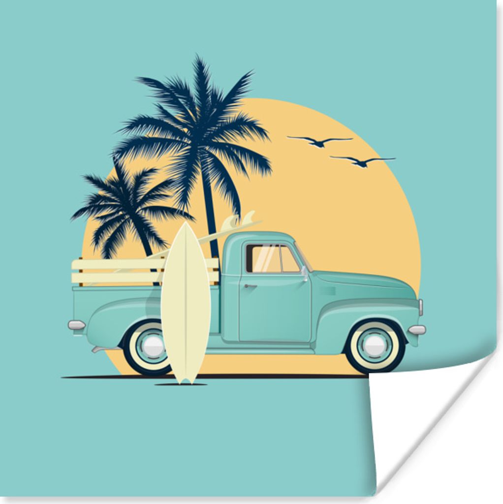 MuchoWow Poster Auto - Sonne - Surfbrett - Zeichnung 75x75 cm - Wand Dekoration