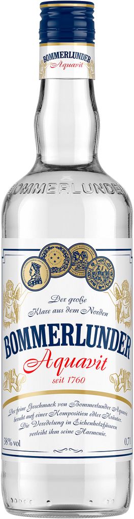 A clear studio shot of a bottle of Bommerlunder Aquavit.