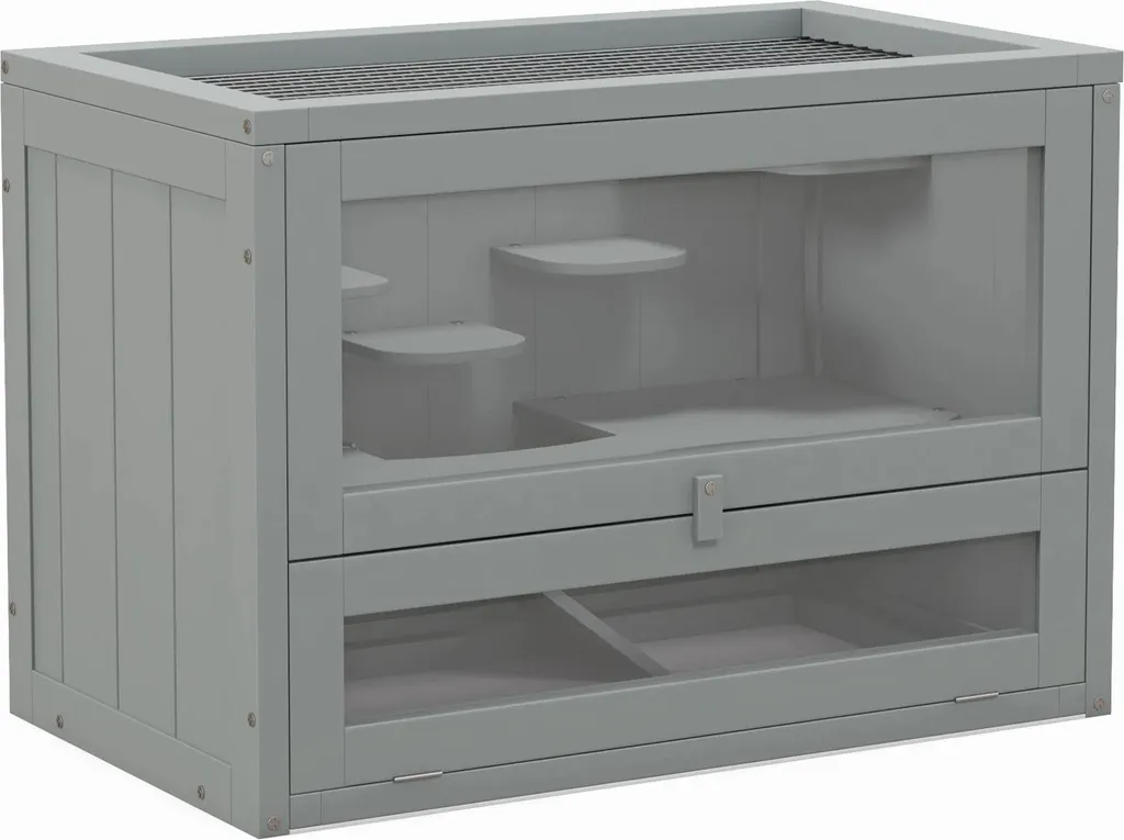 Habitat en bois pour hamsters et rongeurs gris avec plateforme et rampe