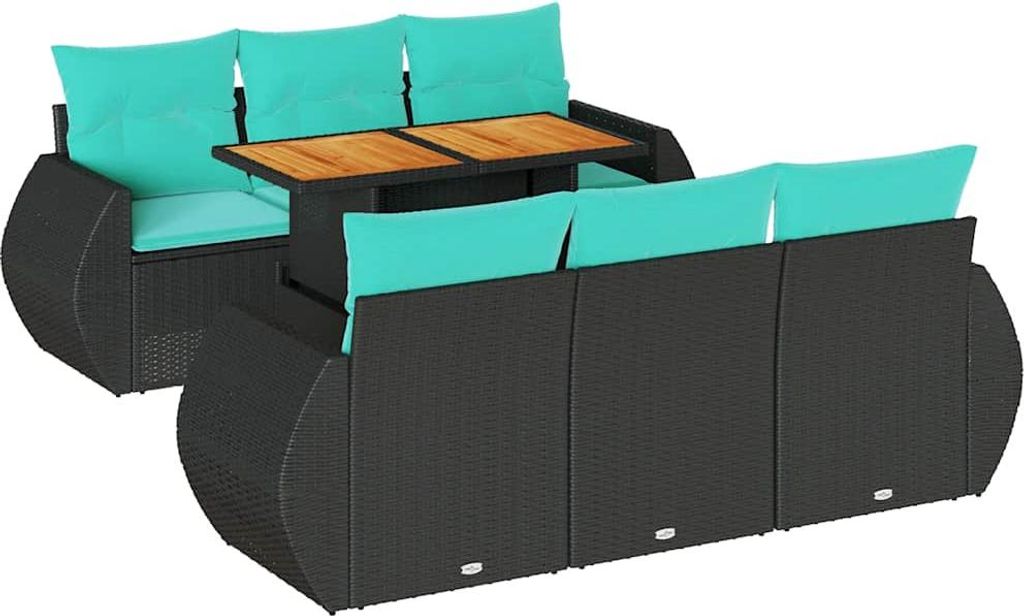 7-tlg. Garten-Sofagarnitur mit Kissen Schwarz Poly Rattan