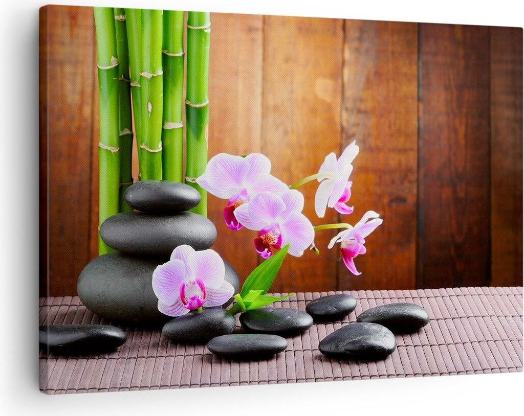 Bild auf Leinwand - Leinwandbild - Bambus Dekoration Blume Orchidee - 70x50cm - Wand Bild - Wanddeko - Leinwanddruck - Bilder - Kunstdruck - Wandde...