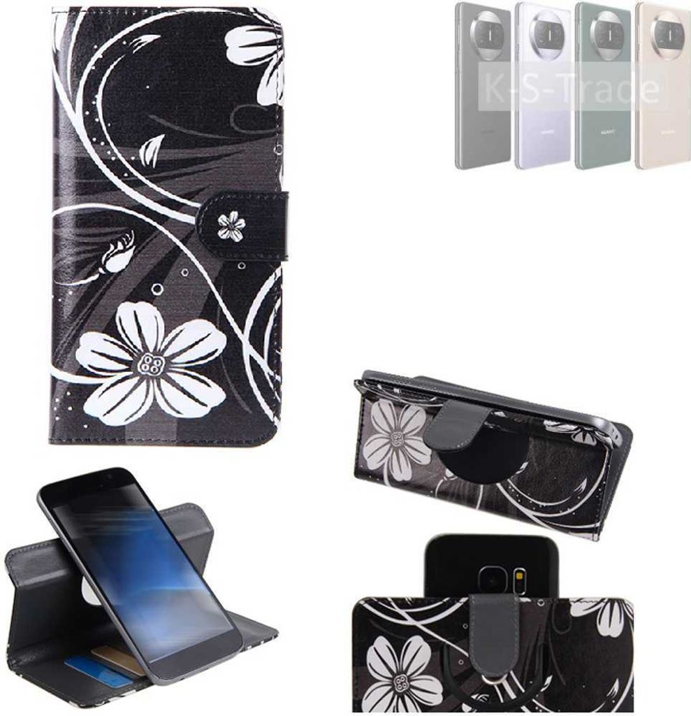 K-S-Trade Schutzhülle Handyhülle kompatibel mit Huawei Mate X3 Hülle 360° Wallet Case “Flowers“ Klapphülle Hülle schwarz-weiß 1x