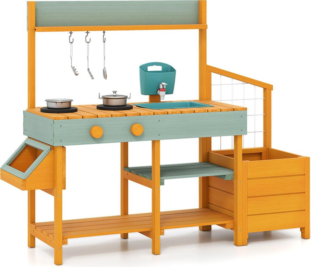 COSTWAY Matschküche Kinder Outdoor, Kinderküche mit Pflanzkasten, Rankgitter&Wasserfunktion, Holzküche inkl. Zubehör, für Kinder 3+ (Gelb + He...