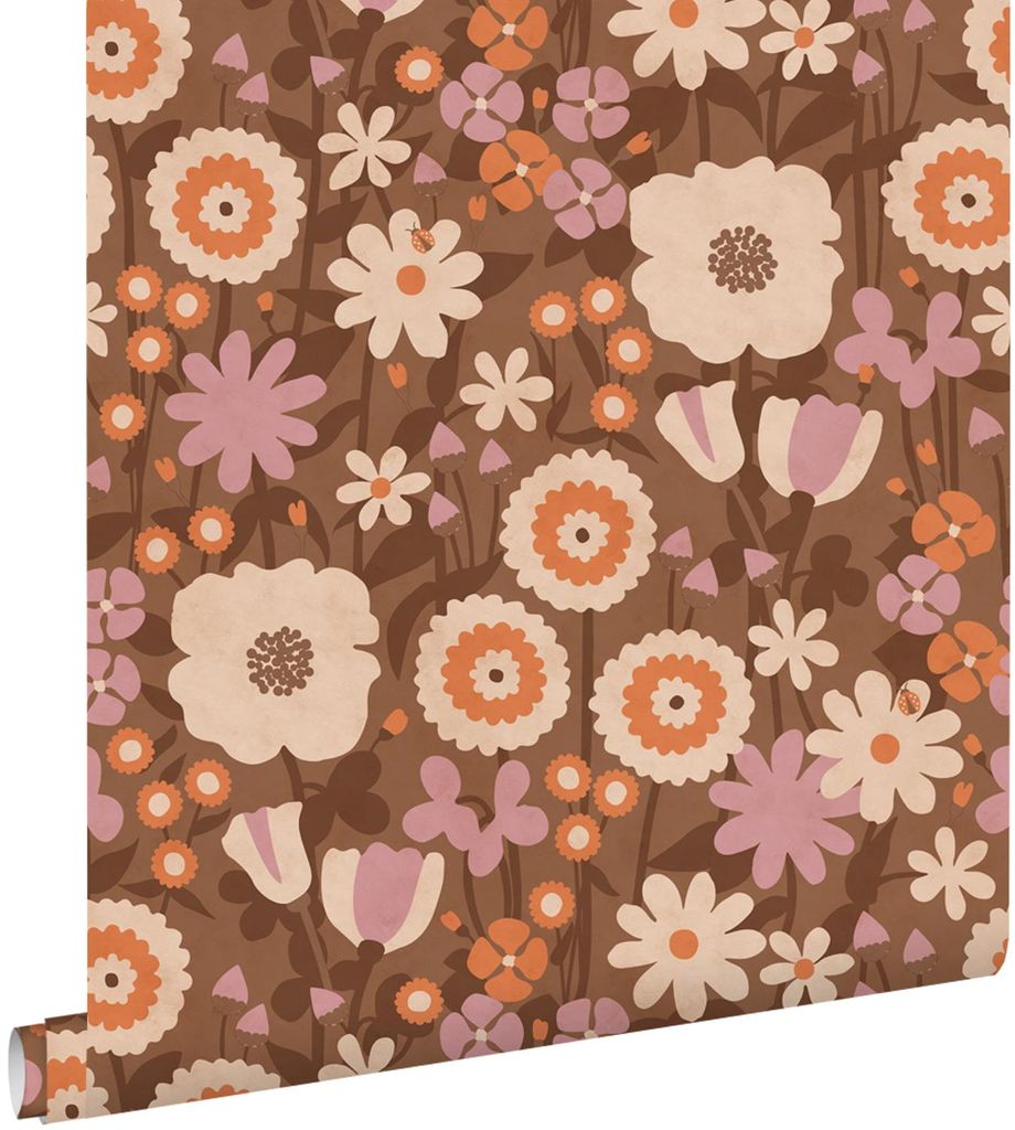 ESTAhome Tapete Retro Blumen Braun, Orange und Violett 50 x 900 cm