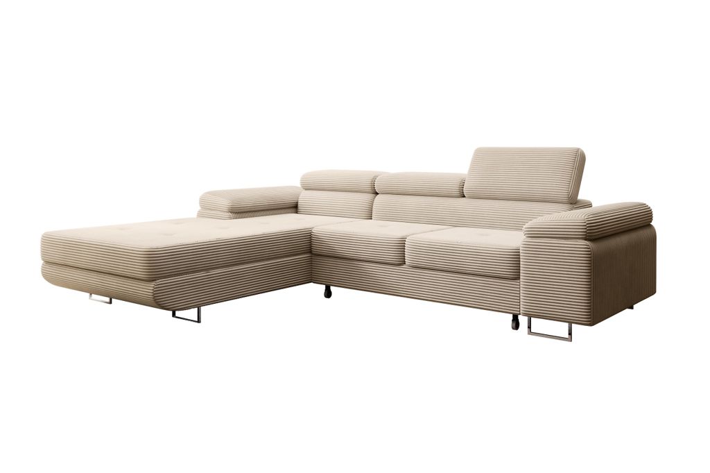 Modernes Ecksofa Alvaro mit Schlaffunktion & Bettkasten, Ausziehbare Wohnlandschaft in L-Form, Stauraum, Schlafsofa Beige Rechts