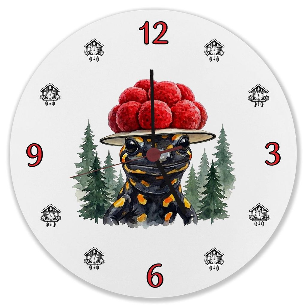 Feuersalamander mit Bollenhut Wanduhr aus MDF Schwarzwald Motiv