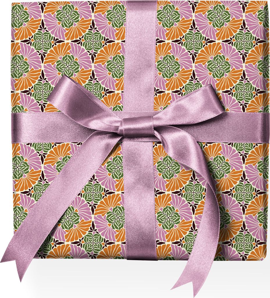 Trendiges 70s Cooles Geschenkpapier mit Herzen und Ornamenten, orange grün - G22167, 32 x 48cm
