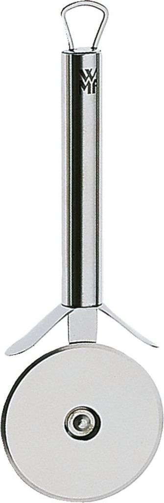 A stainless steel pizza cutter with a handle and a circular blade.