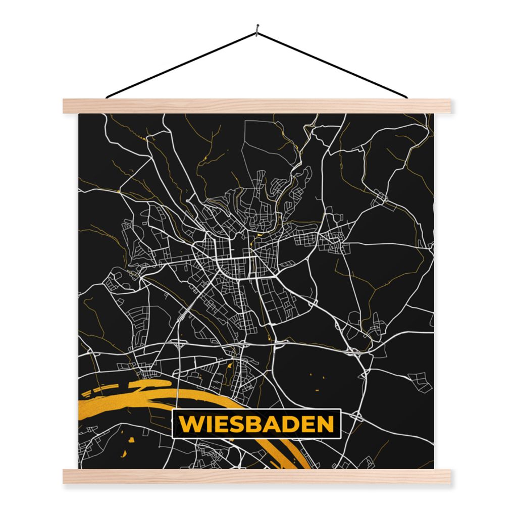 MuchoWow Textilposter Wiesbaden - Deutschland - Karte - Gold - Stadtplan 40x40 cm mit holzfarbenen Rahmen - Posterleiste