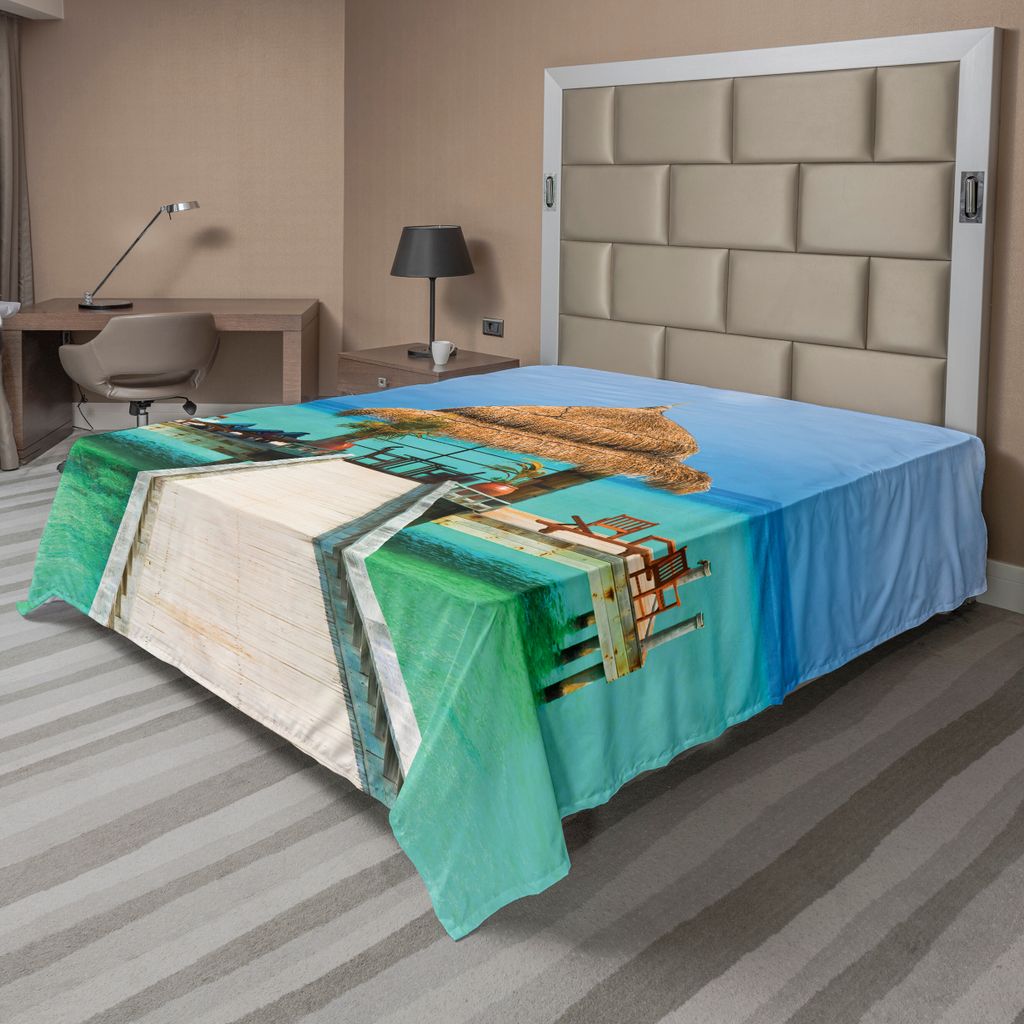 ABAKUHAUS Sommer Bettlaken, Beach Design Palmen Malediven Holz Exotische Pier Entspannung Urlaub in tropischen, weiches bequemes oberes Bettlaken f...
