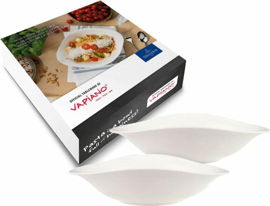 A product box for Villeroy & Boch VAPIANO pasta bowls, with two white pasta bowls in the foreground.