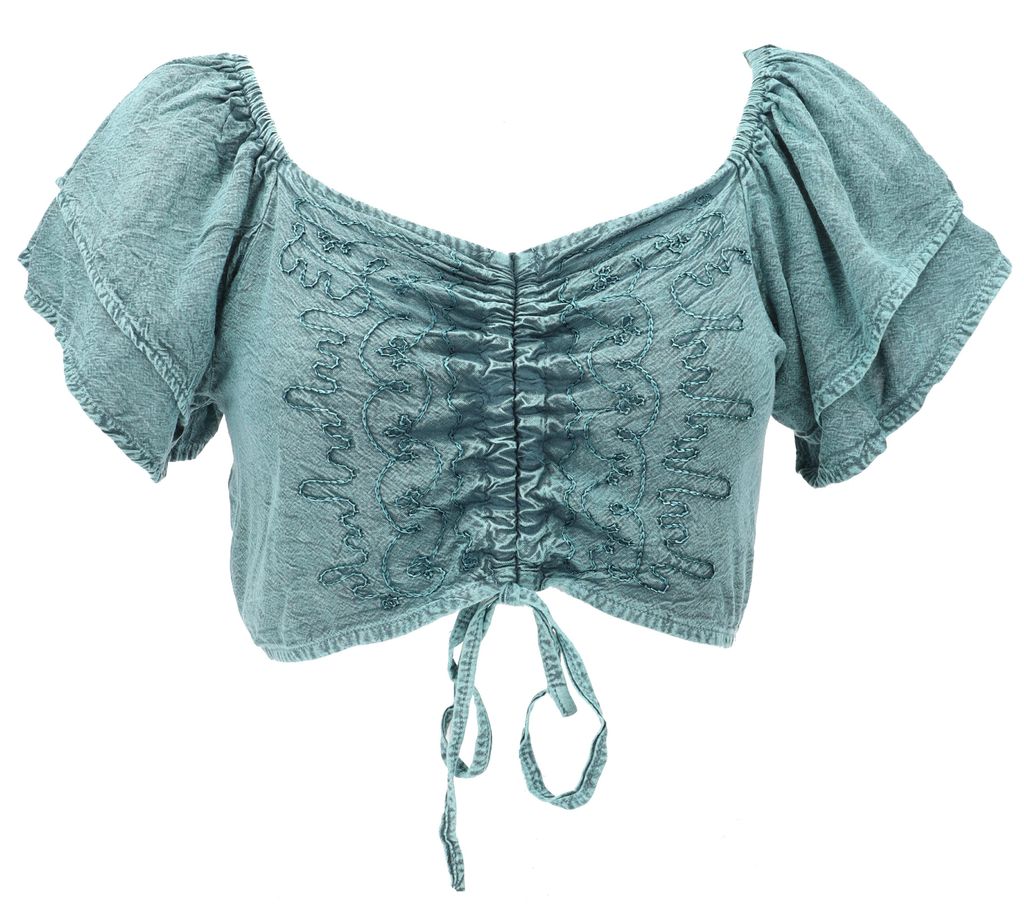 Bauchfreies Besticktes Blusentop Boho Chic, Kurzes Sommertop - Petrol, Damen, Blau, Viskose, Tops & T-Shirts