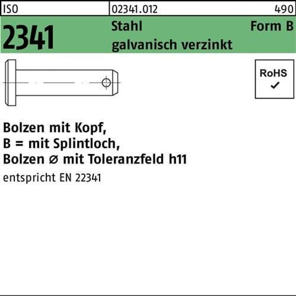 Bolzen ISO 2341 m.Kopf/Splintloch B 8 x20 x16,5 Stahl galvanisch verzinkt