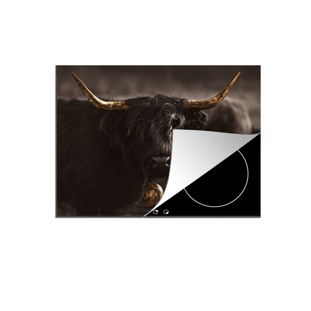 KitchenYeah Herdabdeckplatte Schottischer Highlander - Gold - Kuhglocke - Hörner - Tiere , 60x52cm, Küche Deko, Glaskeramikkochfeld Herdabdecku...