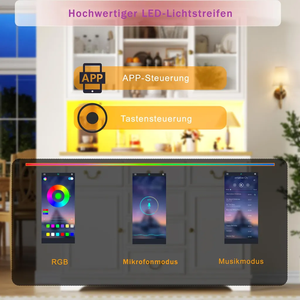 Meuble de cuisine avec prises USB intégrées et vitrine LED - 180 cm