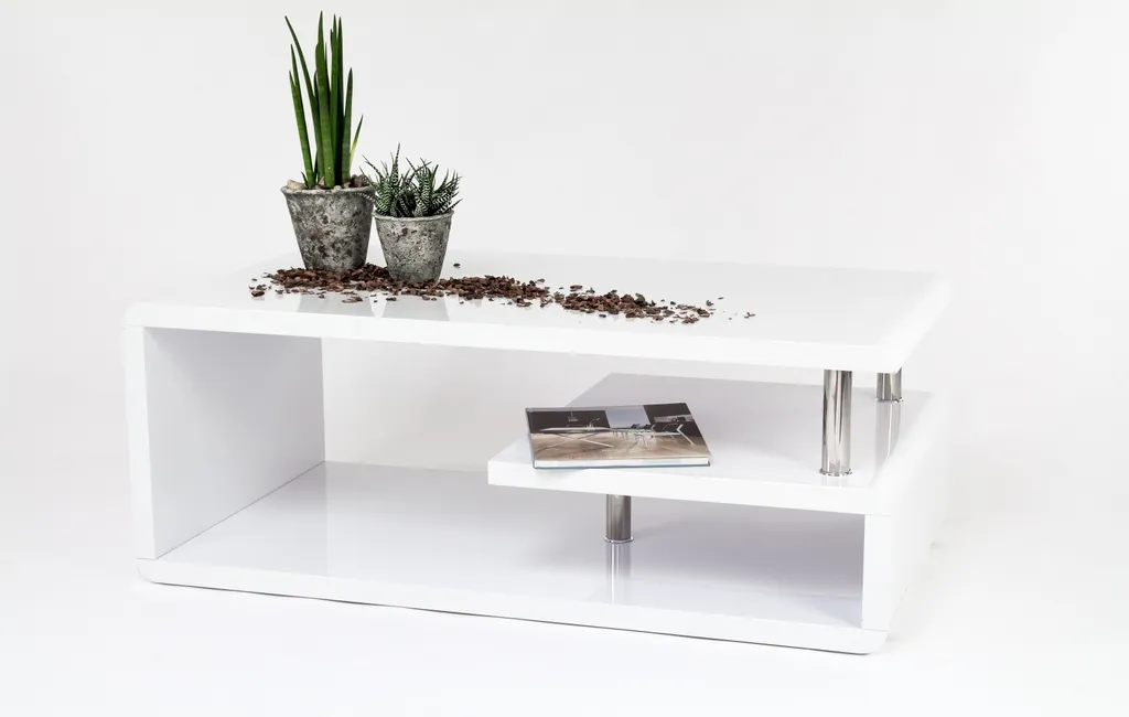 Table basse de séjour spacieuse blanche brillante pour famille 110 cm