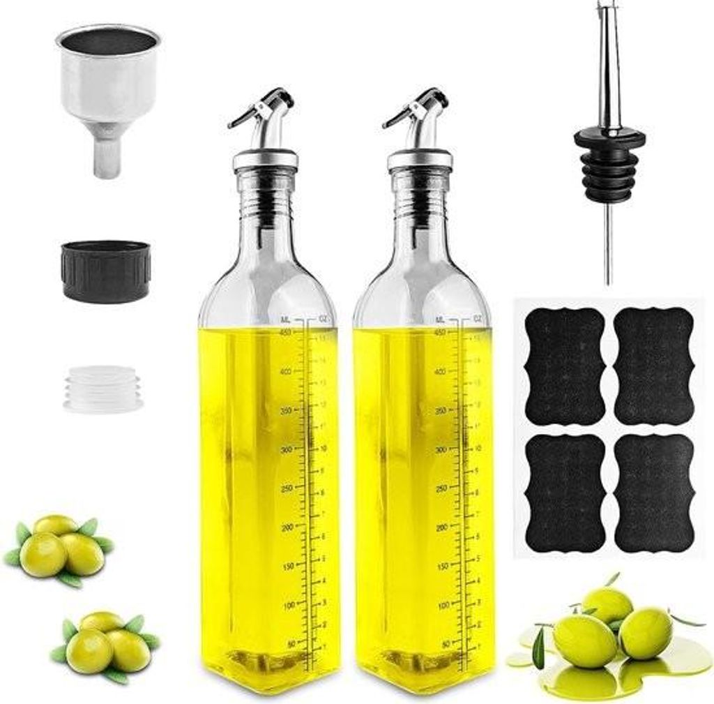 Ölflasche mit Ausgießer, 2 Stück, Glas, 500 ml, Essig- und Ölspender mit Ausgießer, Trichter, schmutzabweisender Verschluss, transparenter Oli...