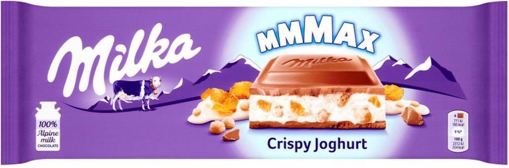A Milka chocolate bar packaging with a depiction of the chocolate bar and its ingredients.