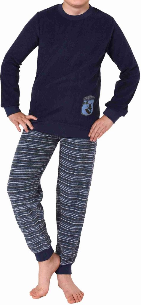 Jungen Frottee langarm Schlafanzug Pyjama mit Bündchen und Skaterboard-Motiv ; blau , 128