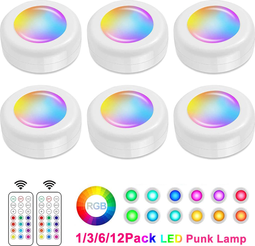 6 Stück LED RGB 16 Farben Touch Dimmbar Schrankleuchten Nachtlicht Schrankbeleuchtung Unterbauleuchten (Batteriebetrieben), Mit 2 Timer Fernbedienung