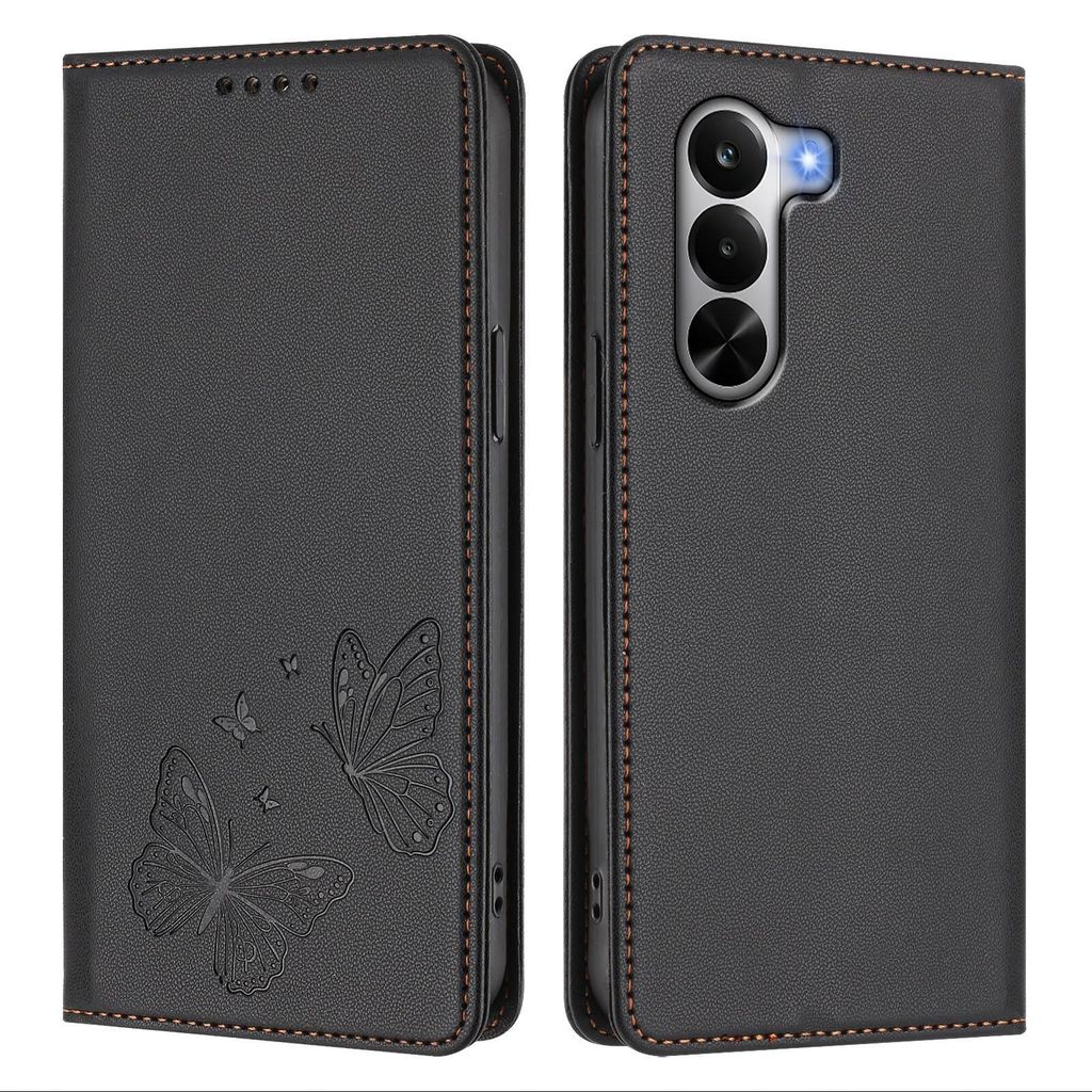 Lederhülle für Realme P4x, Schmetterling Prägung Leder Brieftasche Schutzhülle mit Ständer Schwarz