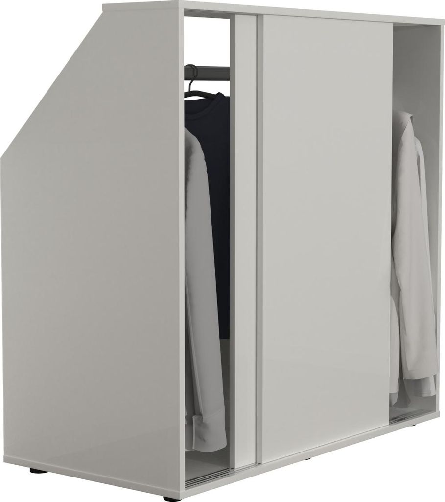A white wardrobe with sliding doors and clothes hanging inside, shown from a diagonal angle.