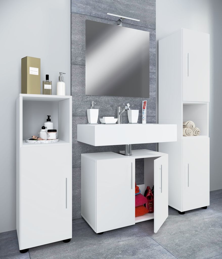 VCM 4-tlg. Badmöbelset | Badmöbel | Set aus Unterschrank, Midischrank, Hochschrank und Spiegel | Badezimmermöbel – Flandu II