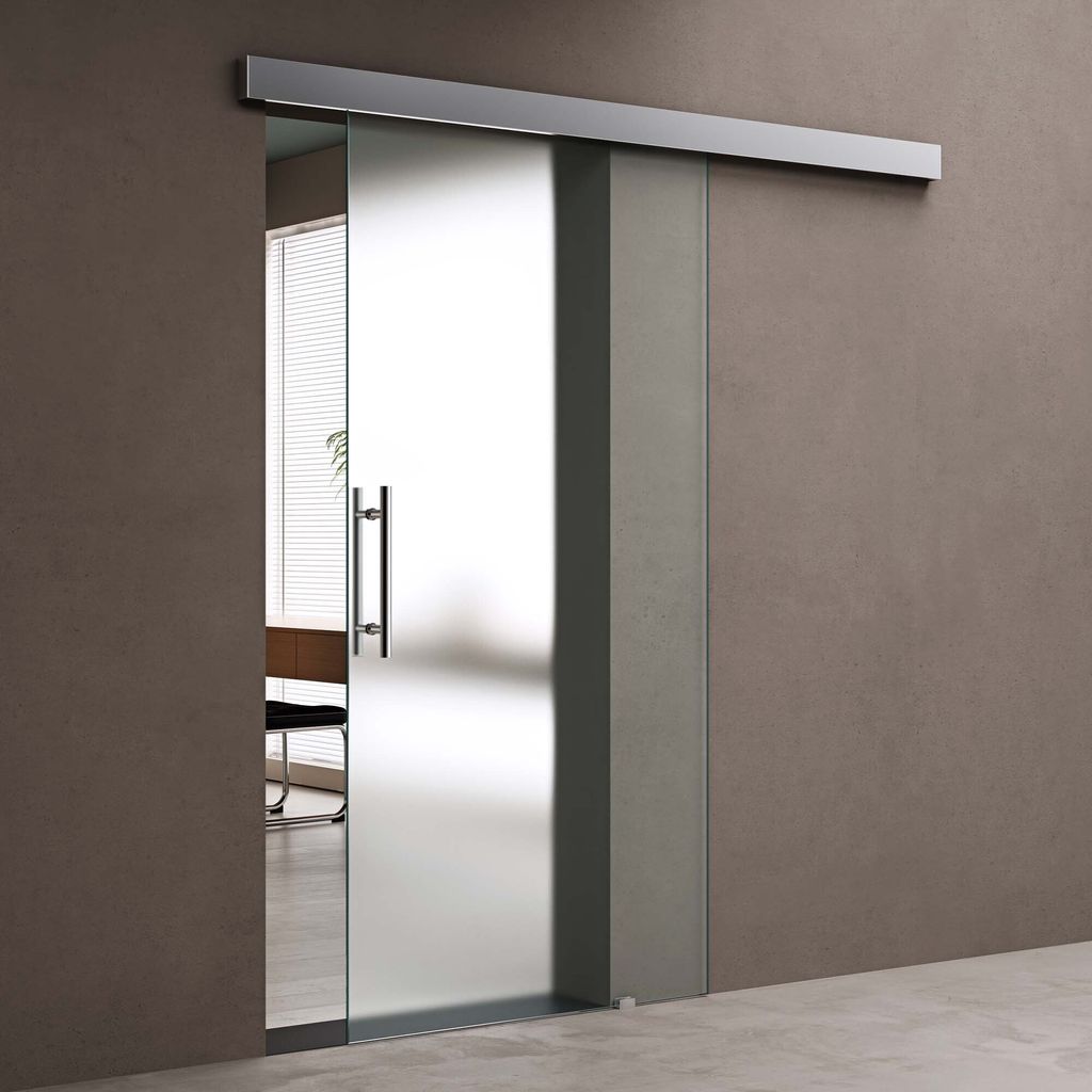 doporro Glasschiebetür komplettset 102,5 x 215cm Schiebetür mit ESG 25mm Wandabstand Zimmertür Glas vollsatiniert mit Stangengriff