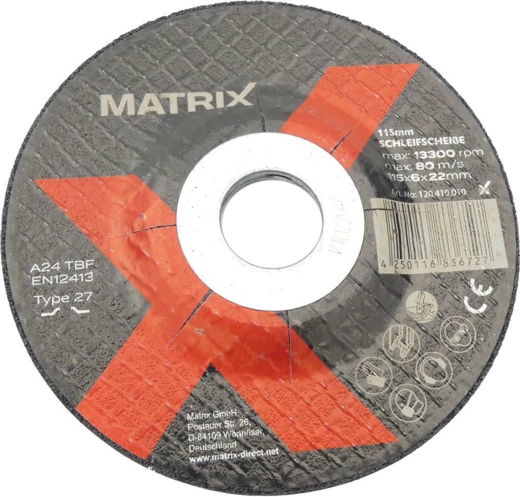 MATRIX Schleifscheibe für Metall 115mm Durchmesser 22mm Achsbohrung