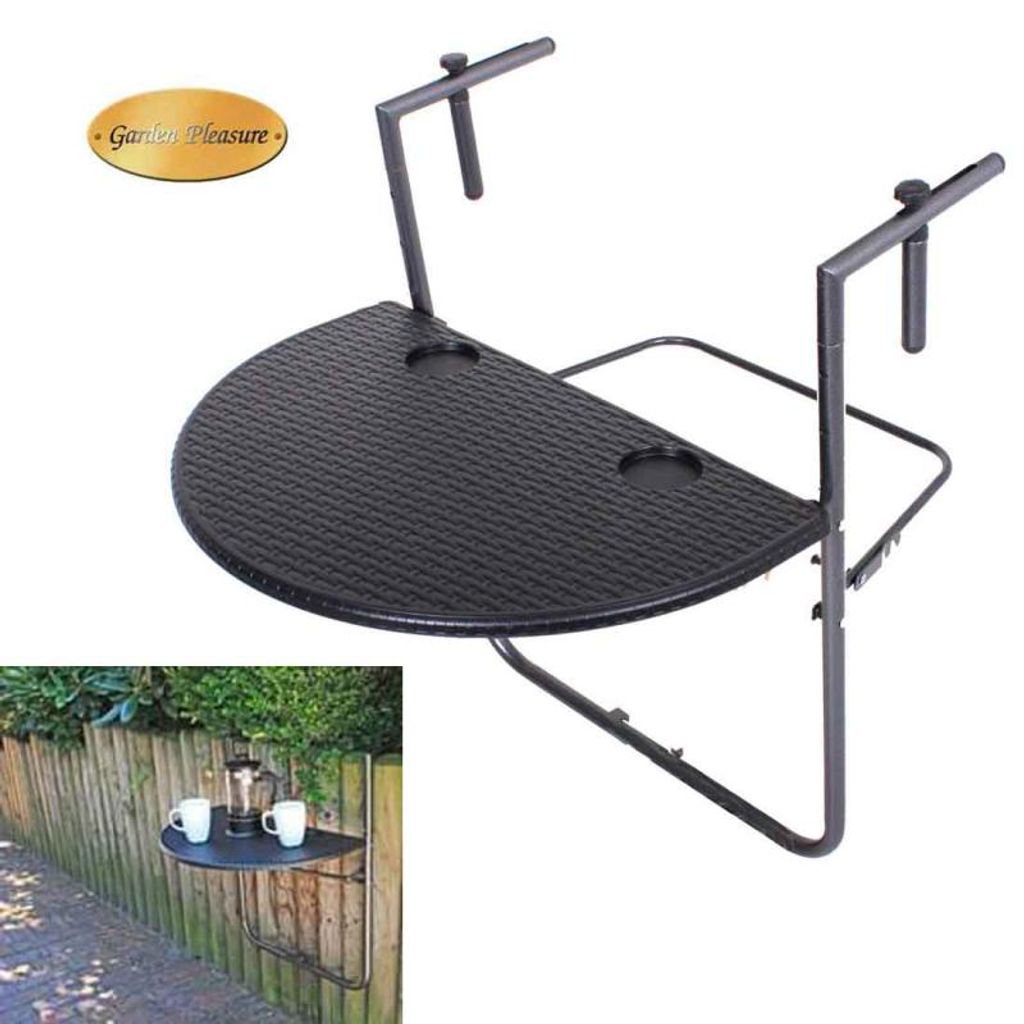 A balcony table with two cup holders, shown attached to a railing in the main image and mounted on a fence in the inset image.