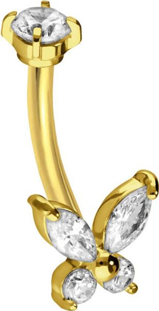 Bauchnabel-Piercing, Rook Piercing Titan Banane mit Push Fit KRISTALLSCHMETTERLING Gold Stablänge: 8mm
