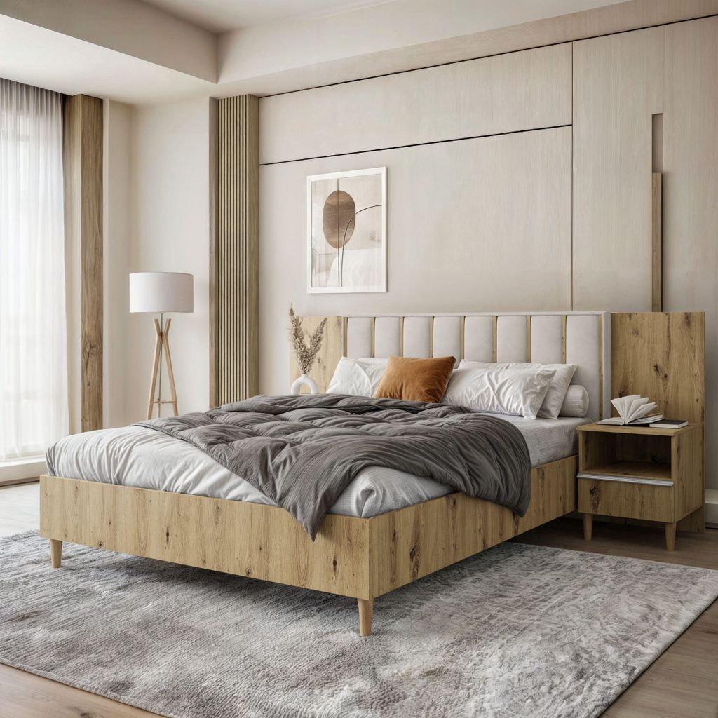 Polsterbett STELLA 160x200cm - Designerbett mit Bettkasten, Lattenrost & einem Nachttisch - Artisan & Hellbeige (Jasmine 21)