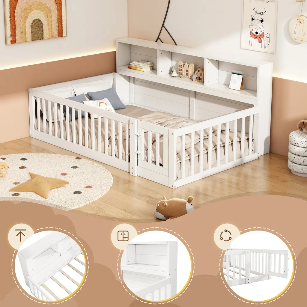 Lit enfant en bois blanc 90x200cm avec sommier et étagère intégrée