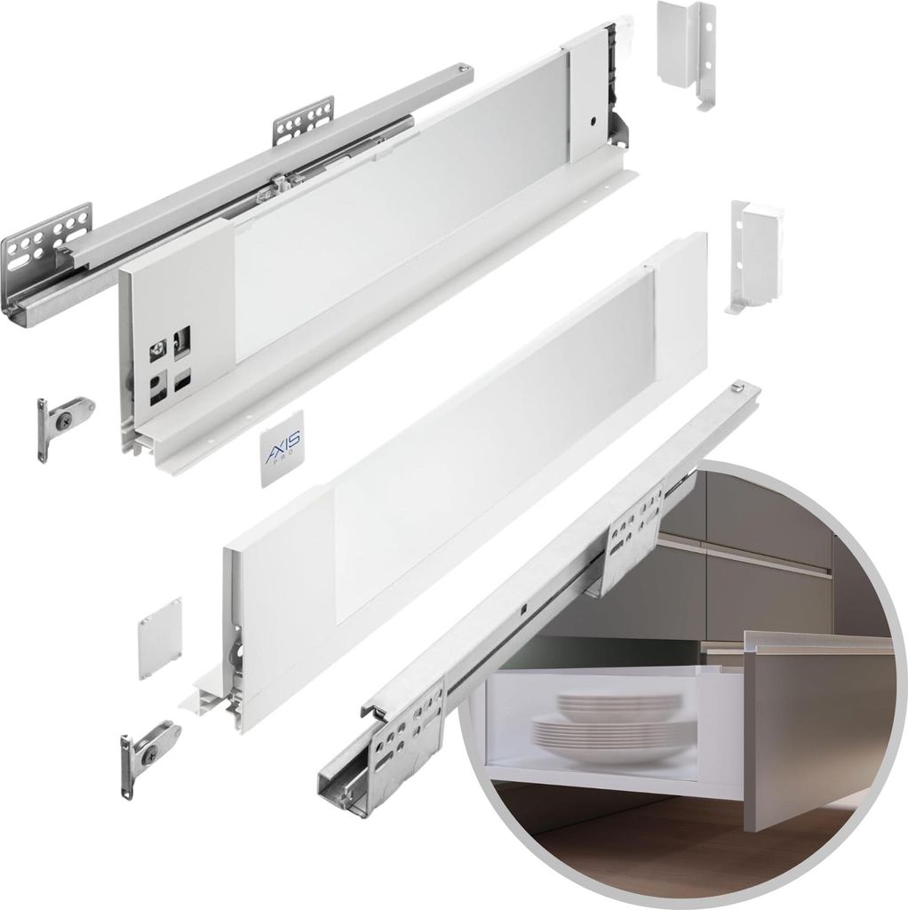 GTV - Schubladensystem AXIS PRO | Schublade mit Glasseiten | Schubkasten | Schubkastensystem | Höhe: 116 mm Länge: 350 mm | Weiß mit milchigem Glas