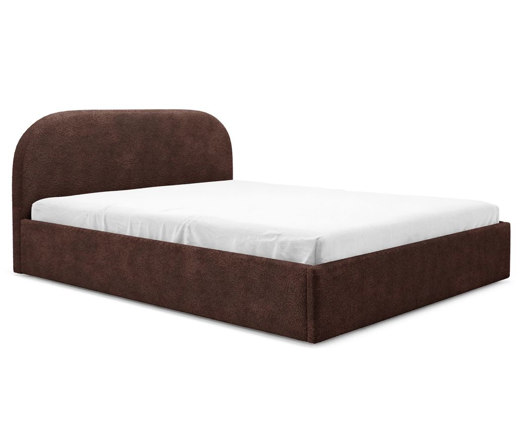 A brown upholstered bed frame with a white sheet on a white background.